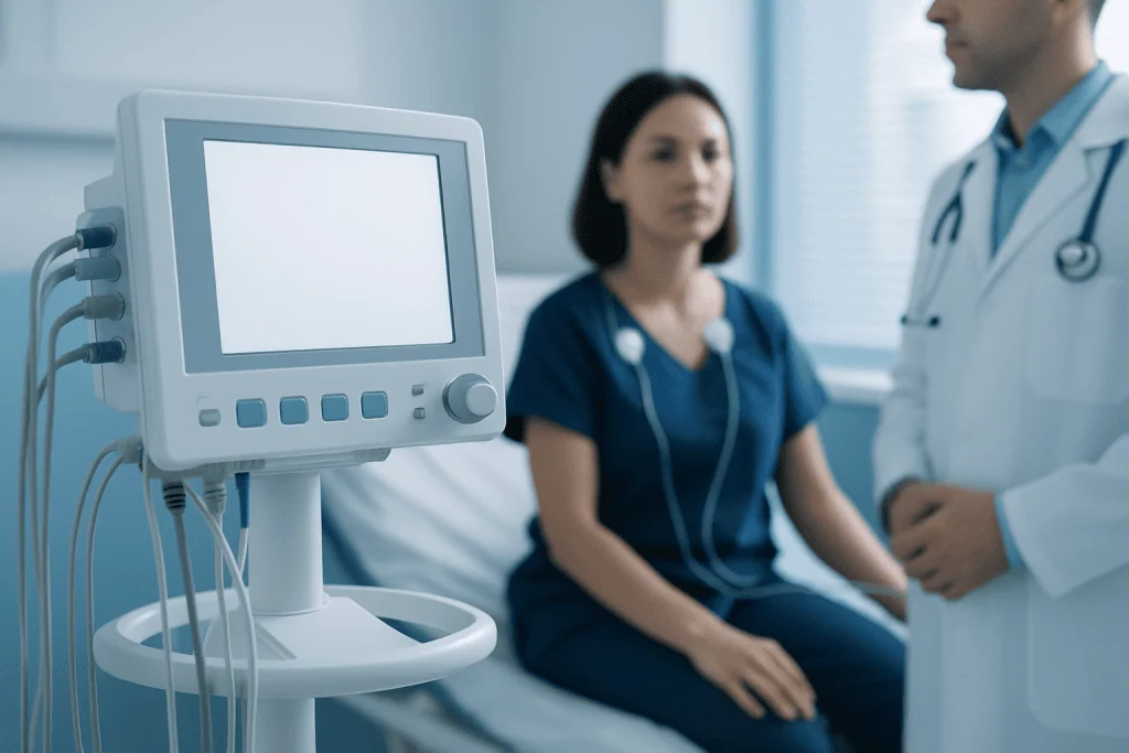 Medical monitor and healthcare professionals in a hospital setting.