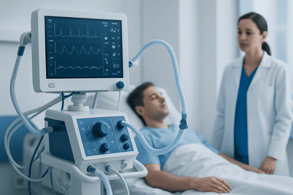 Medical monitor displaying vital signs in hospital room.