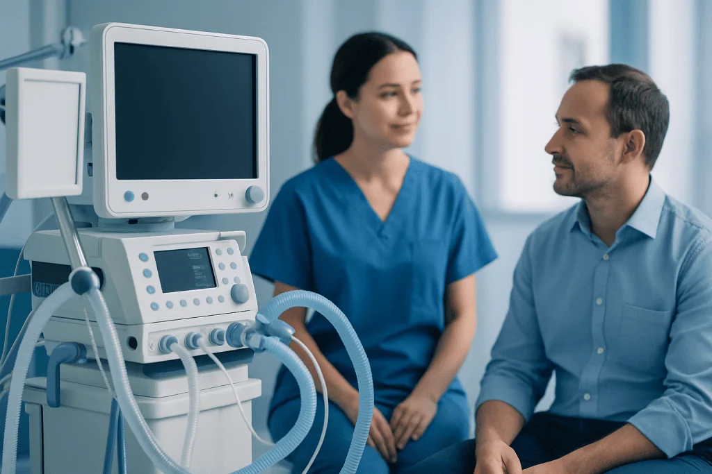 Medical consultation with ventilator equipment in a hospital setting.