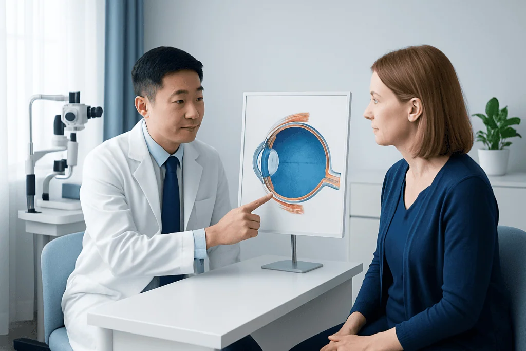 Ophthalmologist explains eye anatomy to patient using diagram.