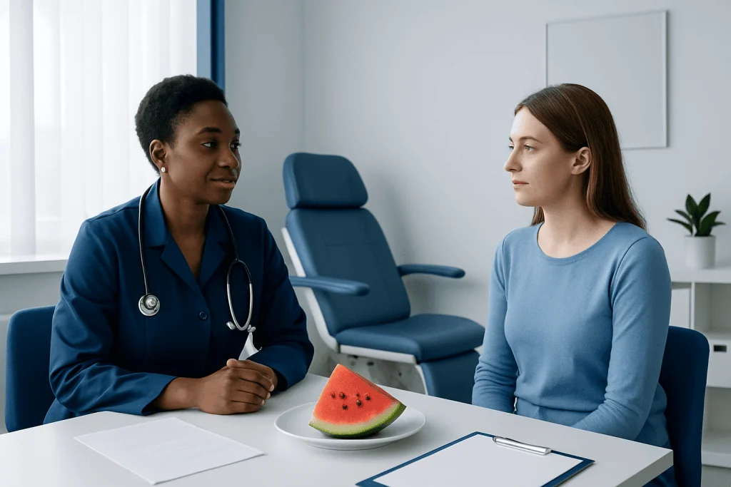 Doctor consulting with patient about watermelon seeds health benefits.