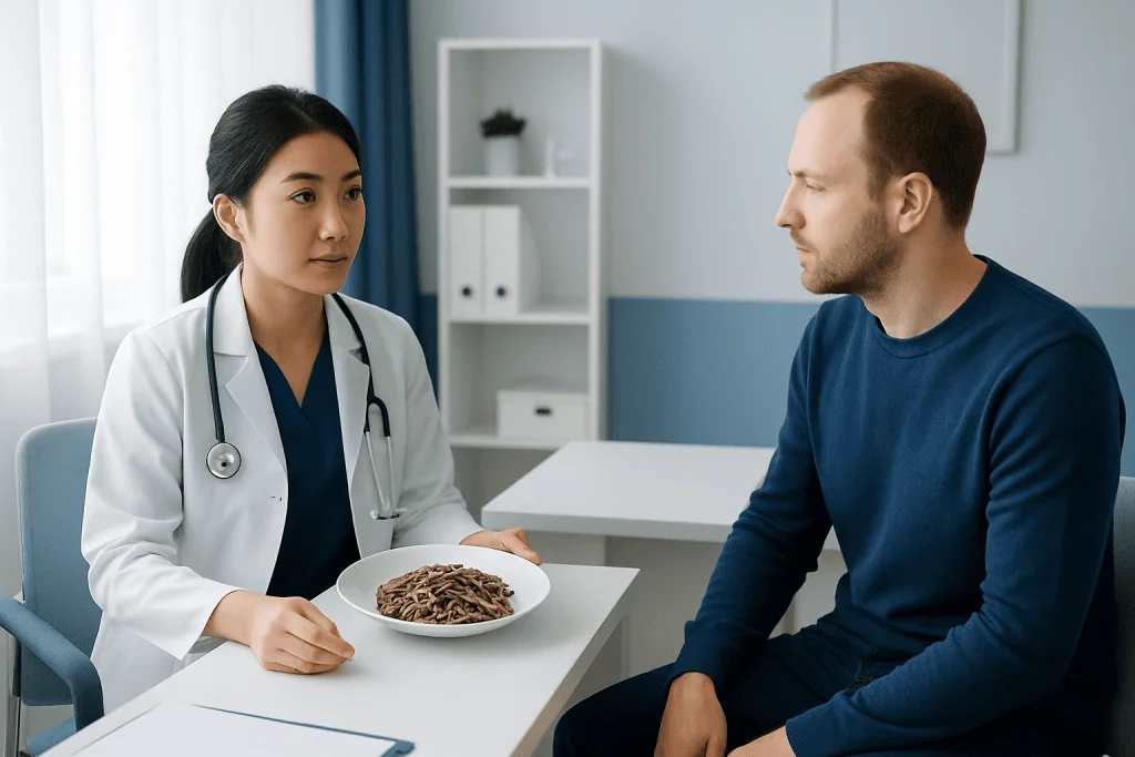 Doctor explaining health benefits of buckwheat noodles to patient in clinic.
