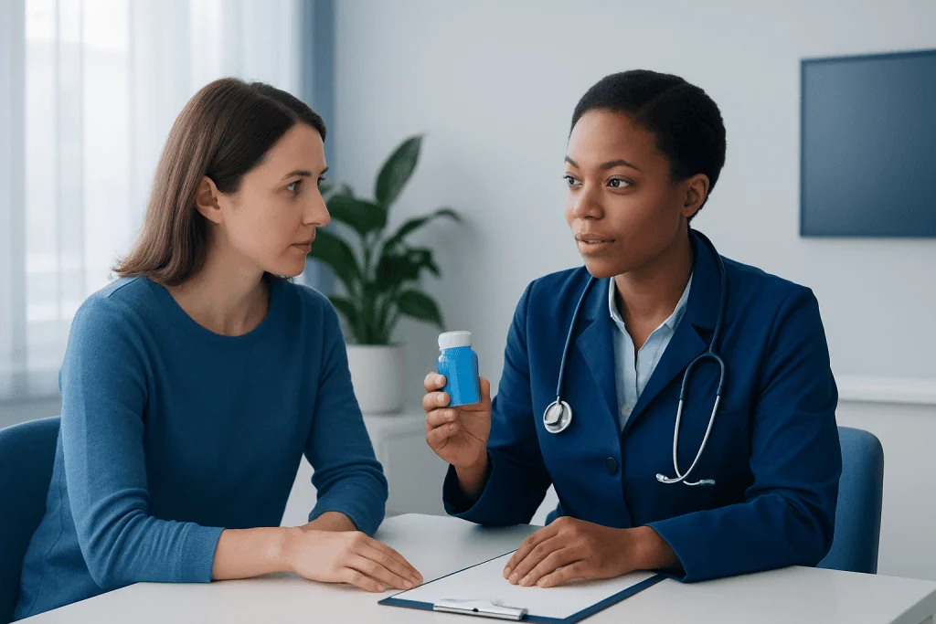 Doctor explaining medication to a patient in a clinical setting.