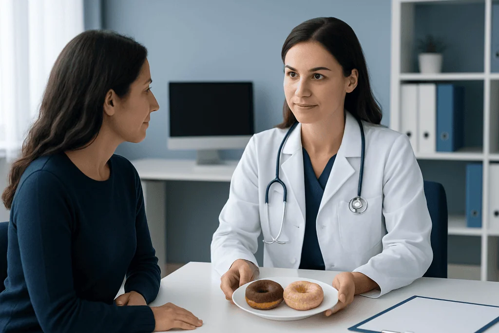 Doctor offering gluten-free donuts to a patient in a medical office.