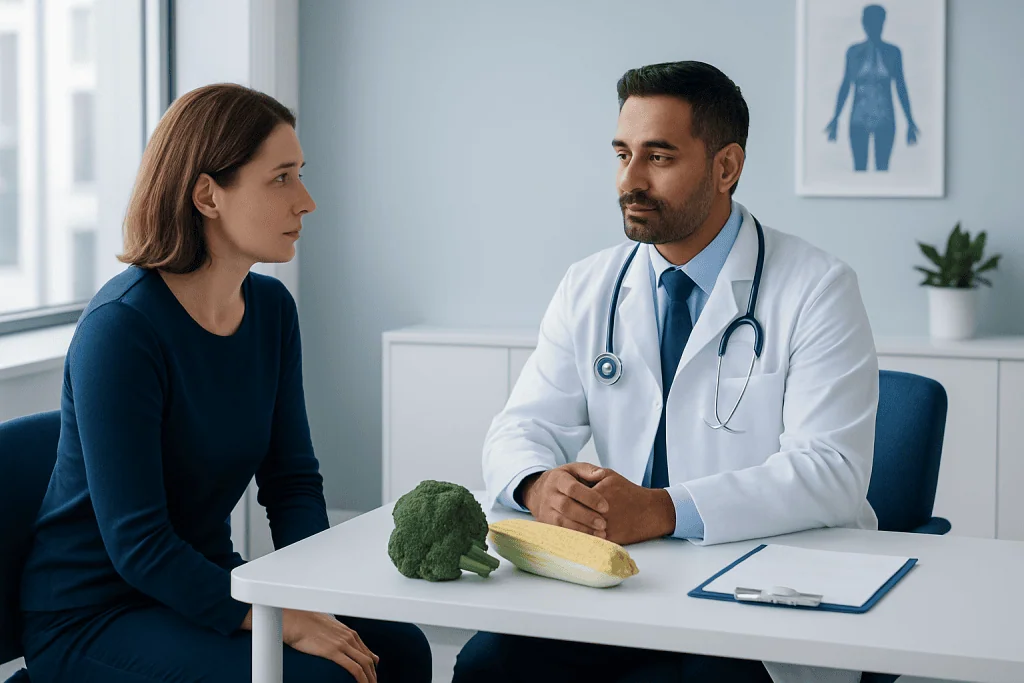 Doctor consulting with a female patient in a modern medical office.