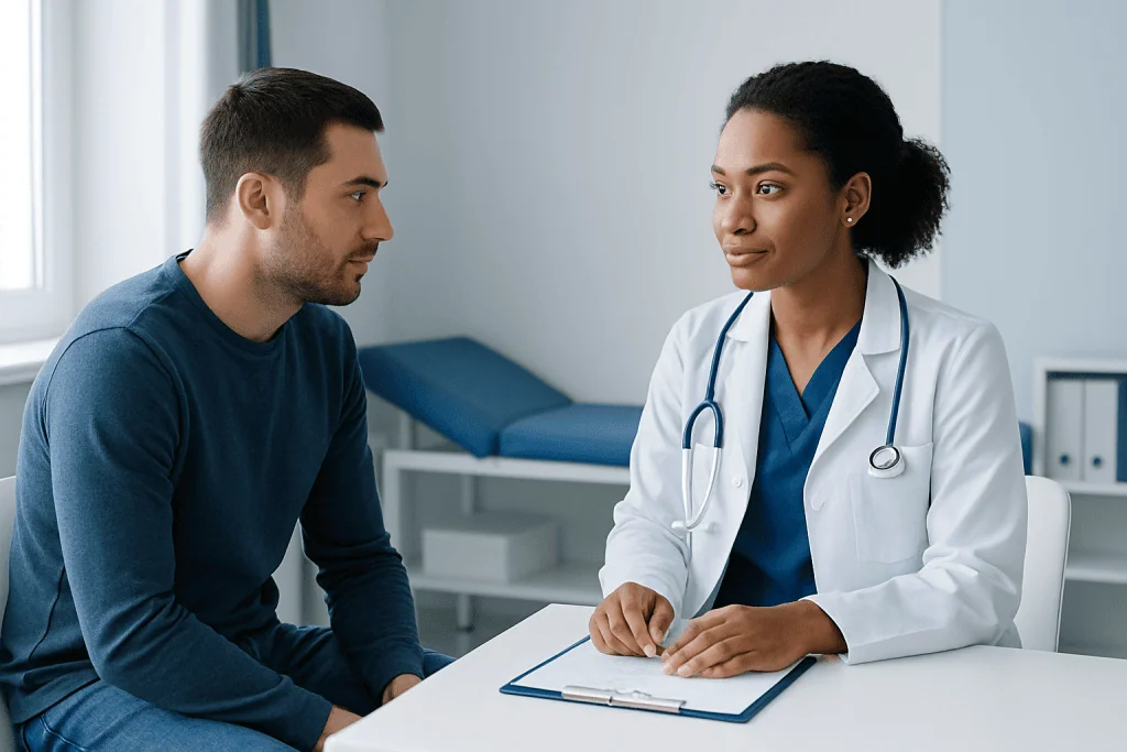 Doctor consulting with a patient in a medical office at Acibadem Hospitals.