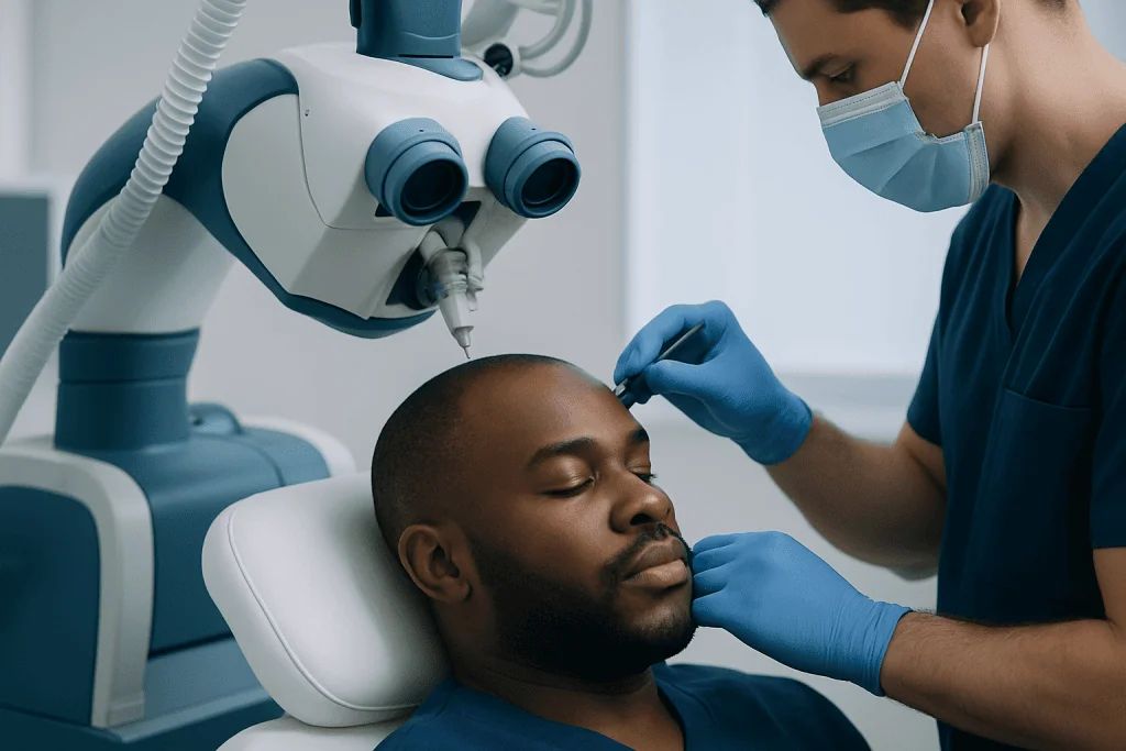Medical professional performing a hair transplant procedure on a patient.