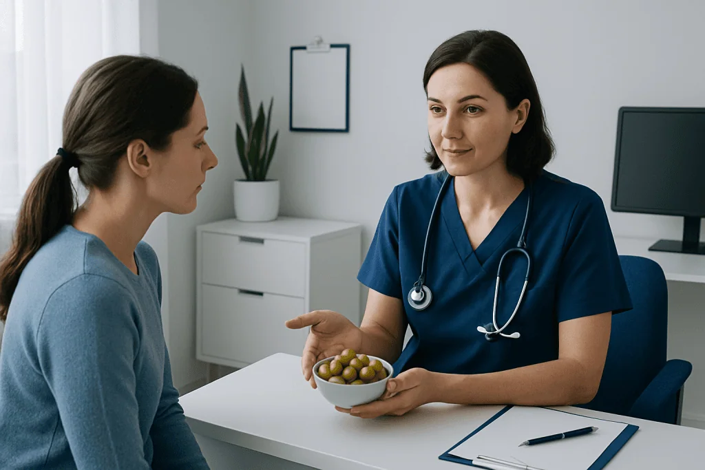 Doctor consulting patient about olive oil health benefits in a clinic setting.