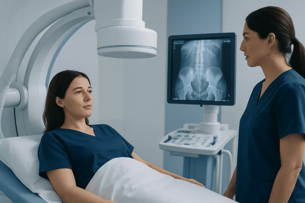 Patient undergoing pelvic X-ray in a medical facility at Acibadem Hospitals Group.