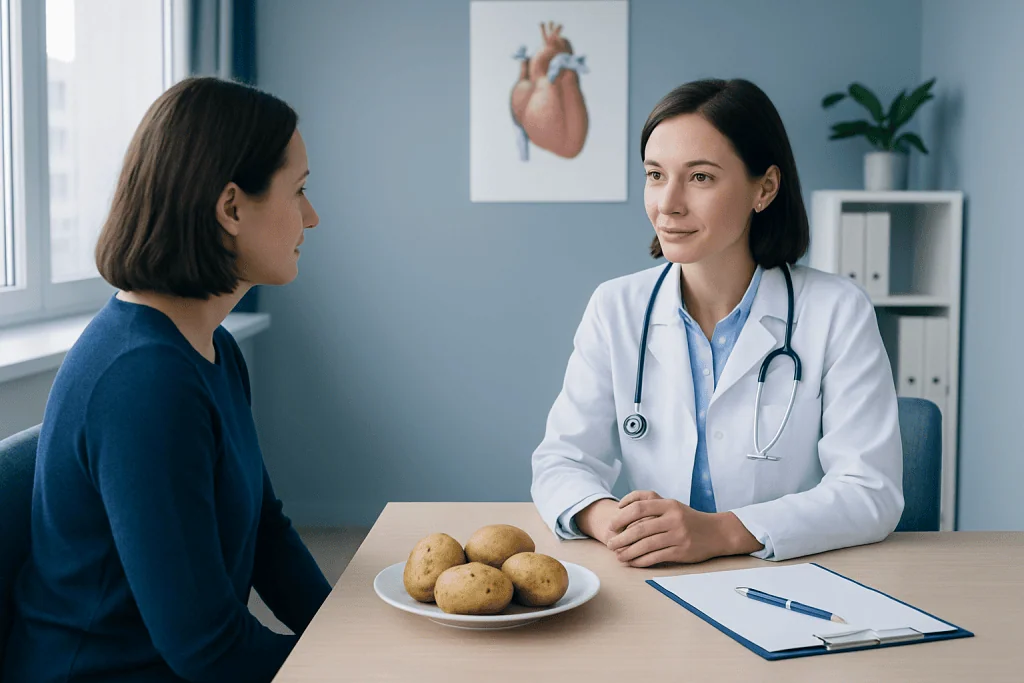 Doctor discussing potatoes with patient in a medical consultation room.