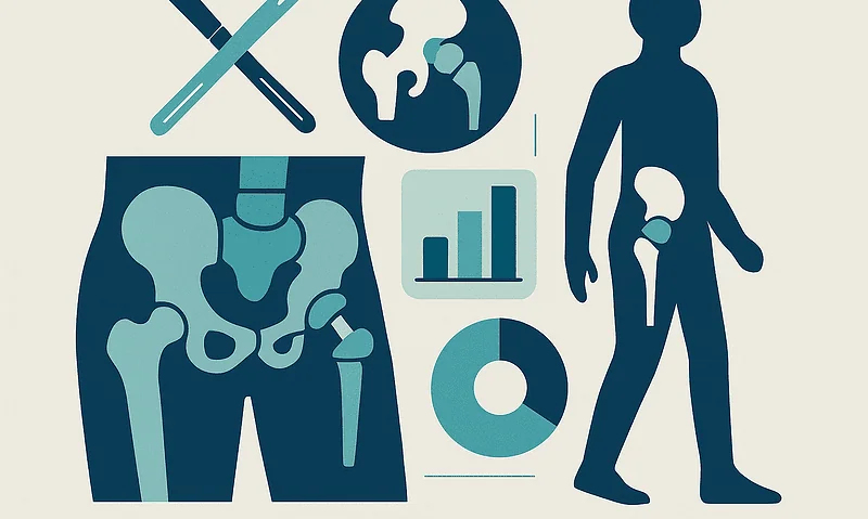 Medical illustration of hip replacement and surgical tools for hip surgery.