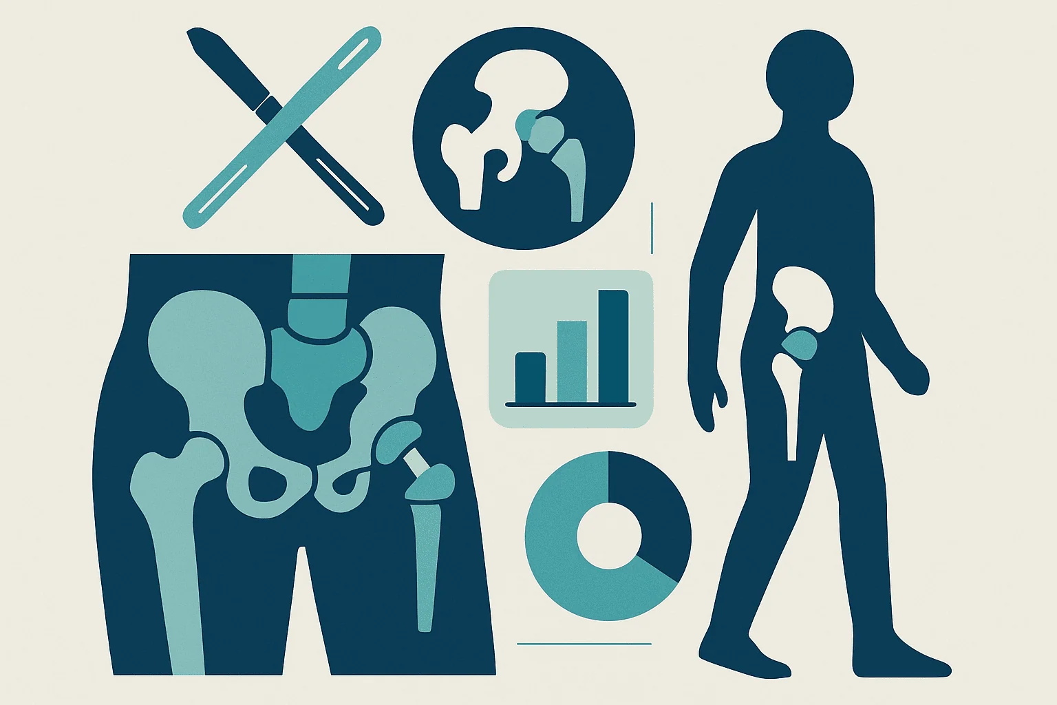 Medical illustration of hip replacement and surgical tools for hip surgery.