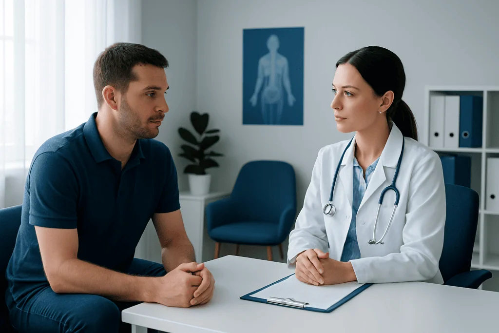 Doctor consulting with patient in a medical office setting.