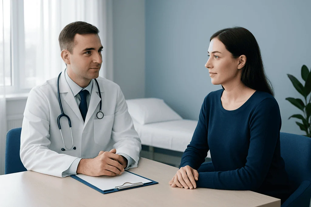 Doctor consulting with a female patient in a modern clinic room.