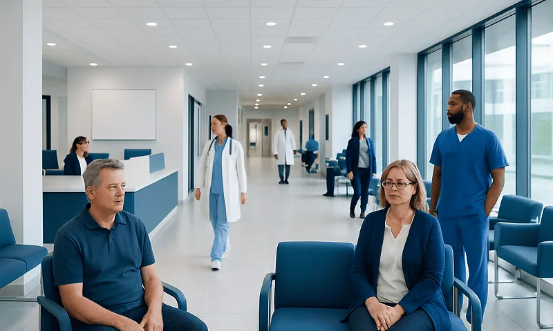Hospital waiting area with patients and medical staff.