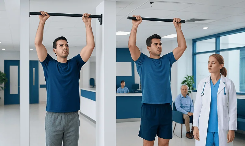 Two men perform pull-ups in a medical facility with a healthcare professional observing.