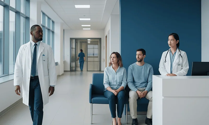 Chlamydia vs Gonorrhea: Key Differences and How Doctors Tell Them Apart 18 Medical consultation in a modern hospital corridor with doctors and patients.