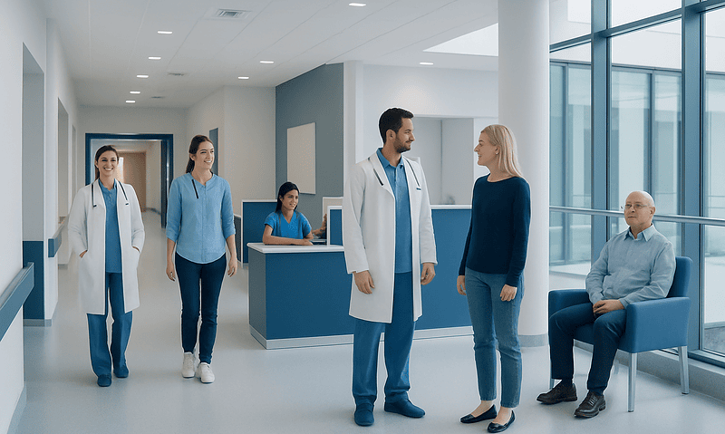 Medical staff and patient in a modern hospital corridor.