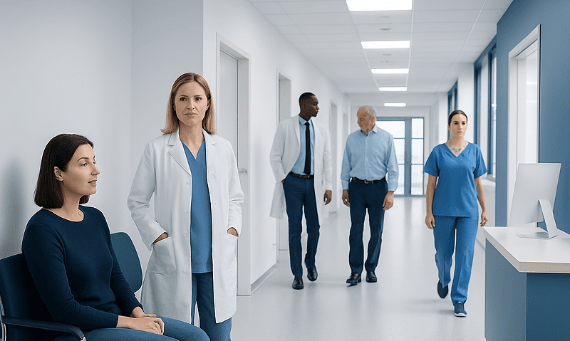 Medical team waiting in hospital corridor for patient care.