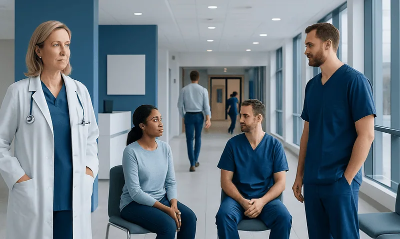 Medical professionals and patients in a hospital corridor at Acibadem Hospitals Group.