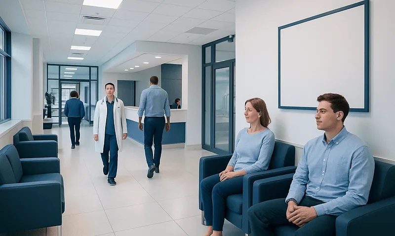 Modern hospital corridor with patients and staff in a healthcare facility.
