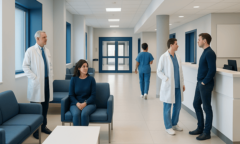 Medical staff and patient in a modern hospital waiting area.