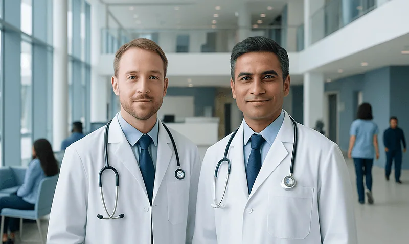 Two doctors in white coats with stethoscopes in hospital lobby.