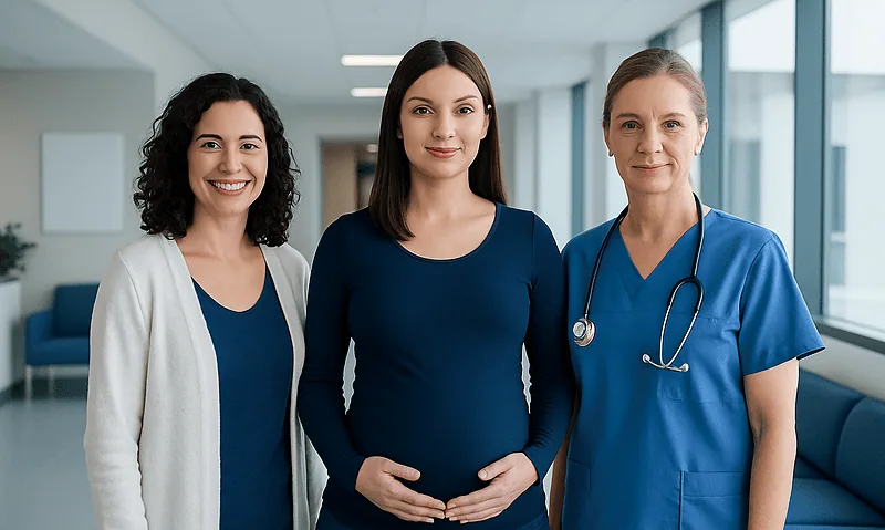 Pregnant woman with healthcare professionals in hospital corridor.