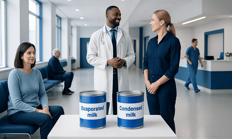 Doctor explaining differences between evaporated and condensed milk to a patient.