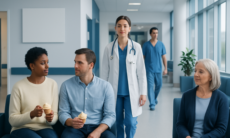 Healthcare professionals and patients in a hospital corridor.
