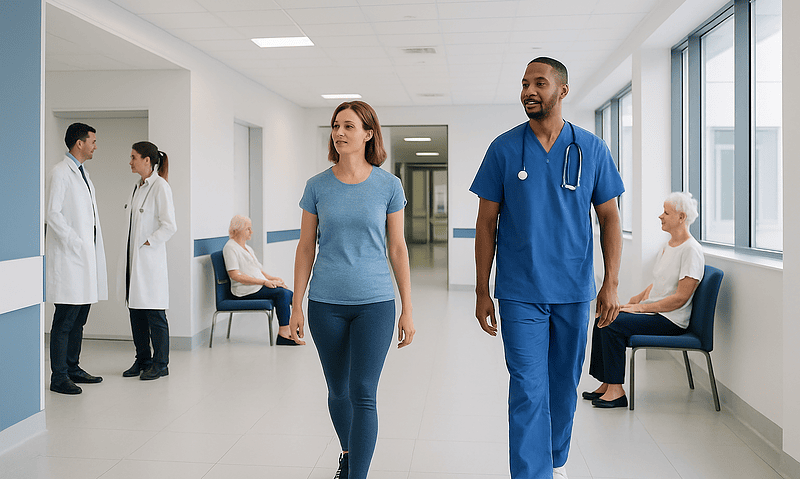 Healthcare professionals and patients in a modern hospital corridor.