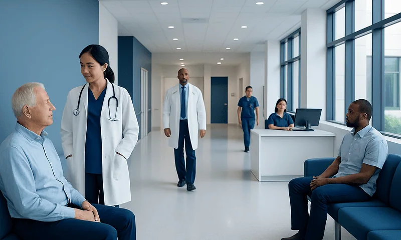 Patients and doctors in a modern hospital corridor at Acibadem Hospitals Group.