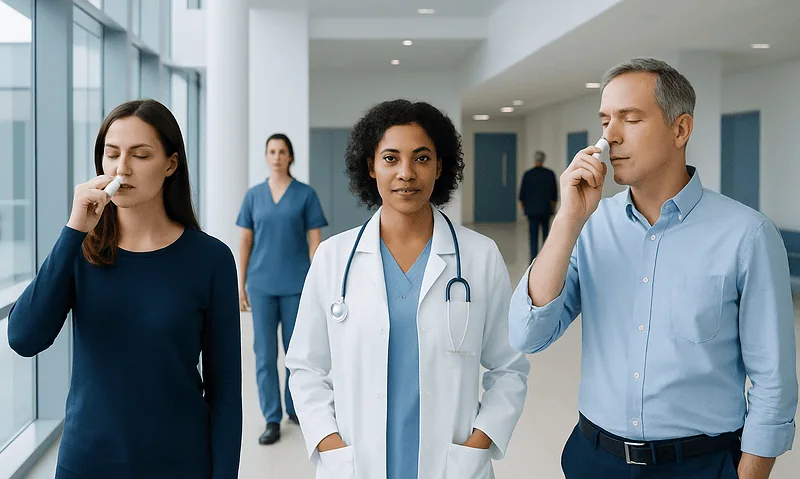 Patients and doctor in hospital corridor practicing nasal spray techniques.