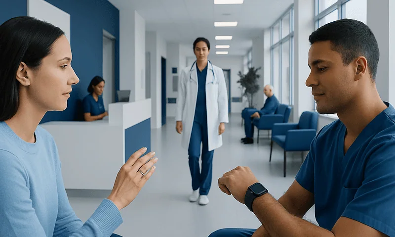 Doctor checking patient's wrist in a hospital corridor.