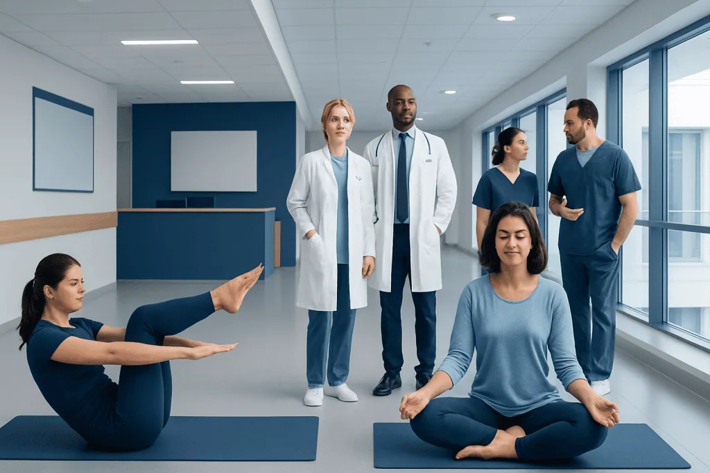 Pilates vs Yoga: Key Differences and How Doctors Tell Them Apart 1 Medical professionals observe a woman practicing yoga in a hospital corridor.