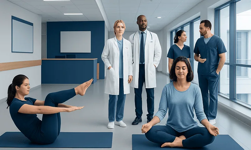 Medical professionals observe a woman practicing yoga in a hospital corridor.