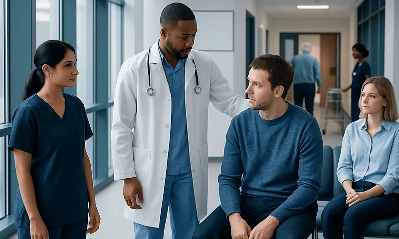 Doctor consulting with patients in hospital corridor.