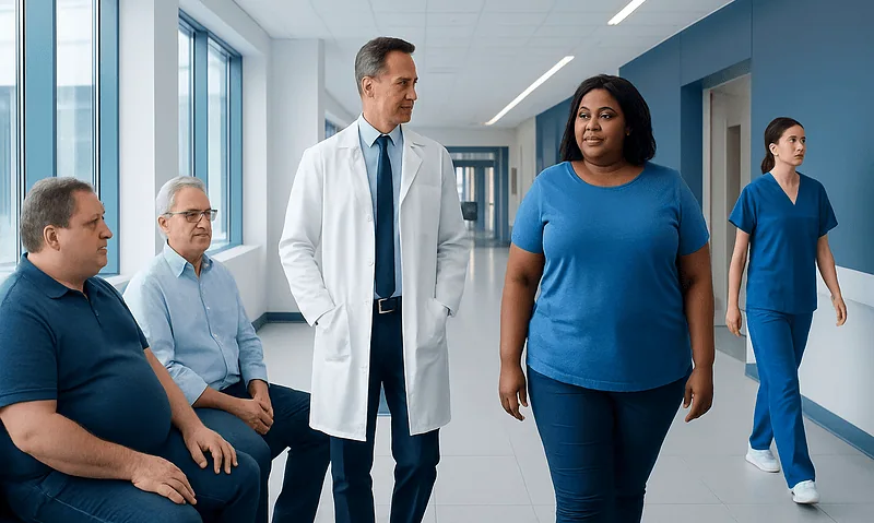 Medical team consulting with a patient in a hospital corridor.