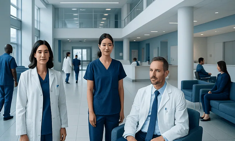 Medical team at Acibadem Hospital in modern, bright hospital lobby.