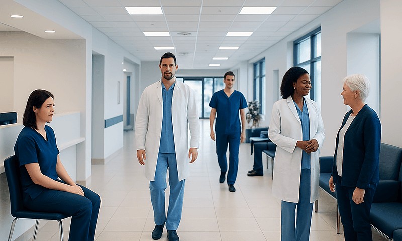 Healthcare professionals and patient in a hospital corridor.