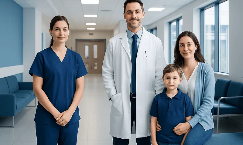 Pedialyte vs Gatorade: Key Differences and How Doctors Tell Them Apart 11 Healthcare professionals with a young patient in a hospital corridor.