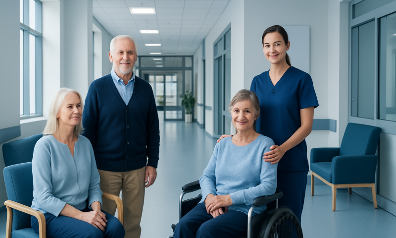 Elderly patients with healthcare staff in a hospital corridor.