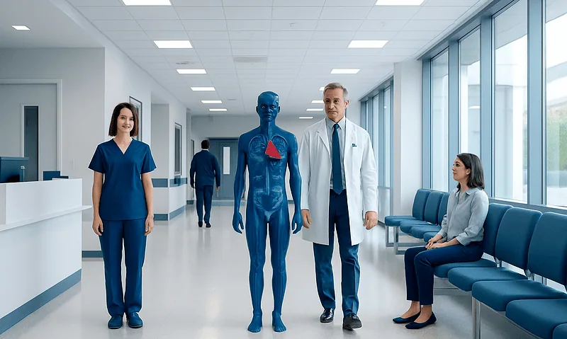 Medical professionals examining a human body model in a hospital corridor.