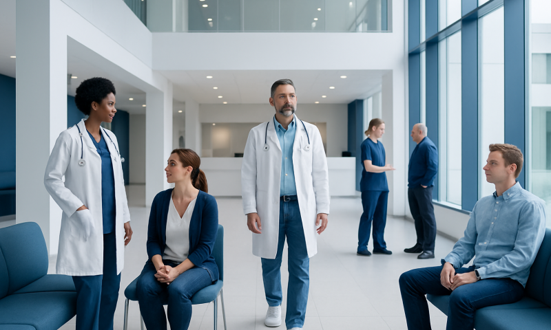 Medical team in hospital lobby with patients and staff.