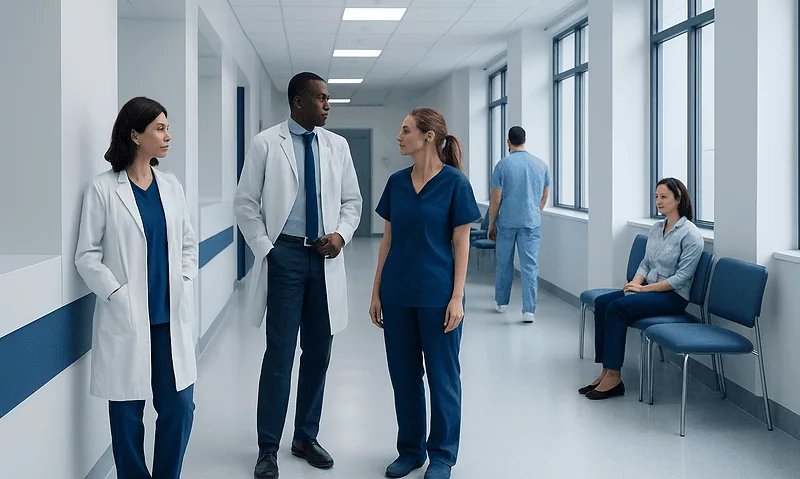 Medical team discussing patient care in hospital corridor.