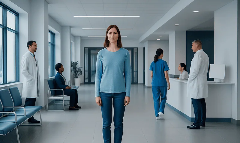 Female patient standing in hospital corridor with medical staff around.