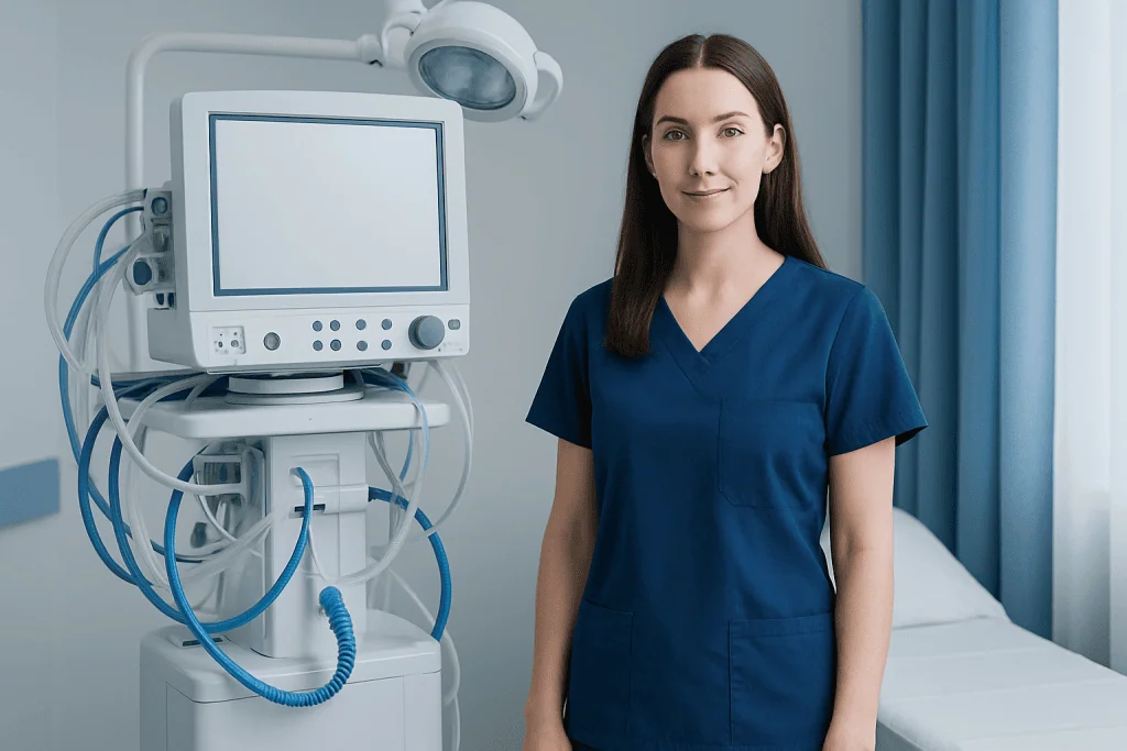 Female healthcare professional in a hospital room with medical equipment.