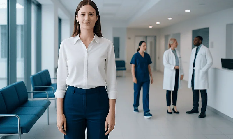 Female healthcare professional standing in hospital corridor with medical staff in background.