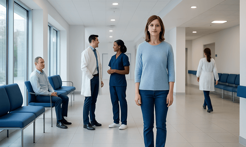 Woman waiting in hospital corridor with medical staff and patients around.