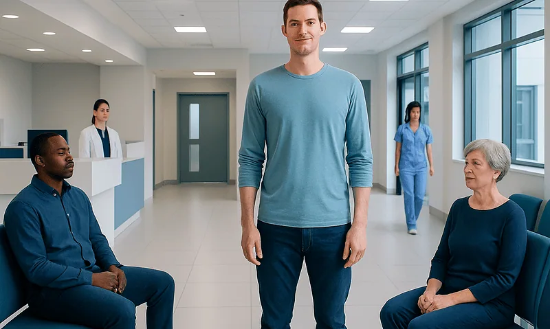 Young man waiting in a hospital corridor with medical staff and patients.